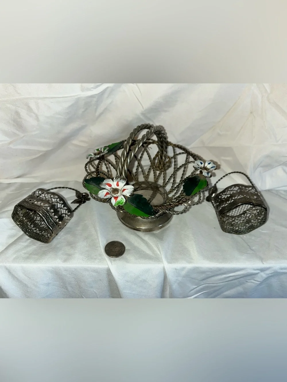 Vintage Silver Metal Basket with Green Leaves and White Floral Accents